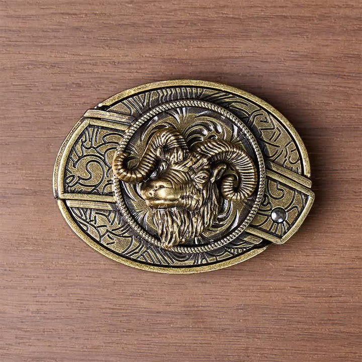 Cintura in pelle con fibbia a coltello pieghevole a scomparsa in bronzo antico a forma di teschio di ariete. - image 10