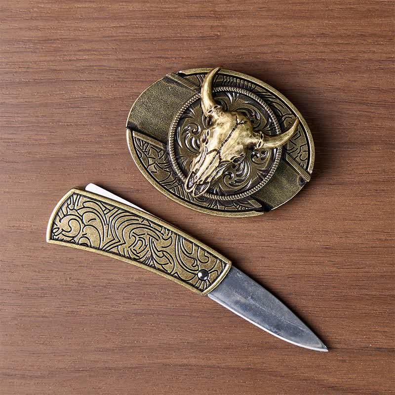 Coltello pieghevole nascosto fai-da-te con teschio di corna lunghe e fibbia in bronzo antico per cintura in pelle - image 1