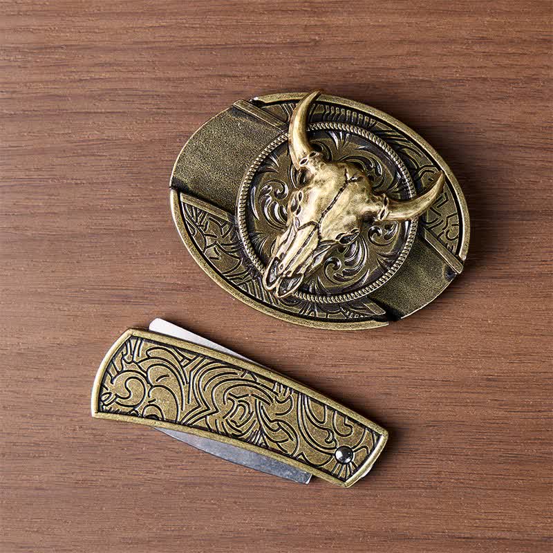Coltello pieghevole nascosto fai-da-te con teschio di corna lunghe e fibbia in bronzo antico per cintura in pelle - image 9