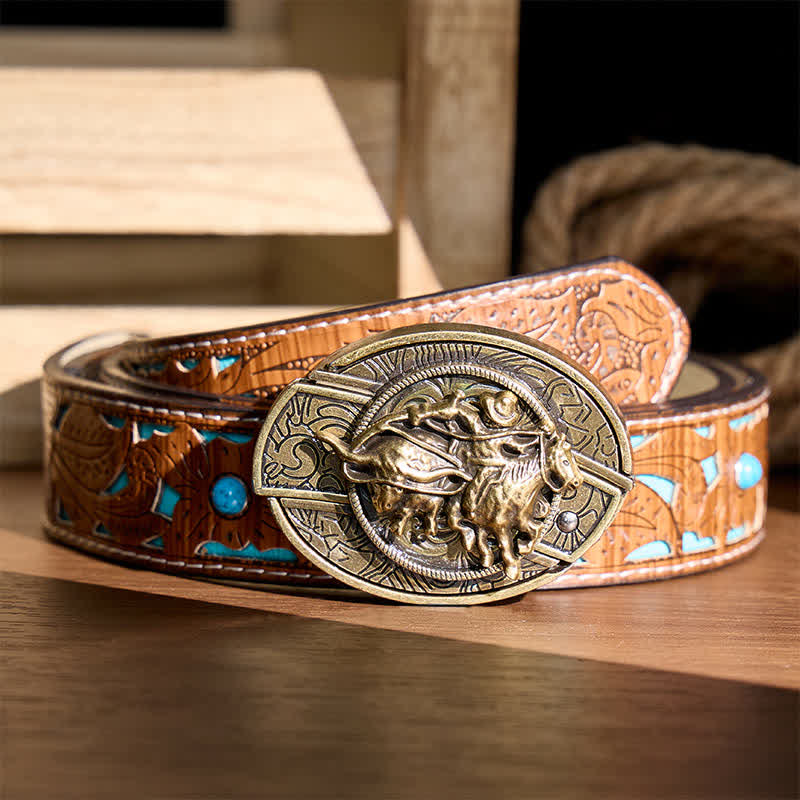 Coltello pieghevole nascosto fai-da-te da cowboy per rodeo e imbracatura, con fibbia in bronzo e cintura in pelle. - Cowboy Roping Steer - Cintura turchese intagliata - 42 - image 3