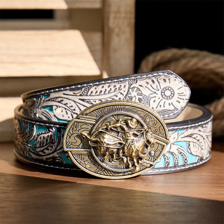 Coltello pieghevole nascosto fai-da-te da cowboy per rodeo e imbracatura, con fibbia in bronzo e cintura in pelle. - Cowboy Roping Steer - Cintura grigia a fiori - 42 - image 8