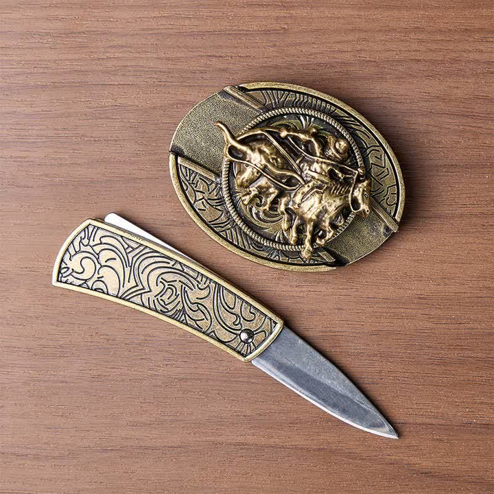 Coltello pieghevole nascosto fai-da-te da cowboy per rodeo e imbracatura, con fibbia in bronzo e cintura in pelle. - image 1