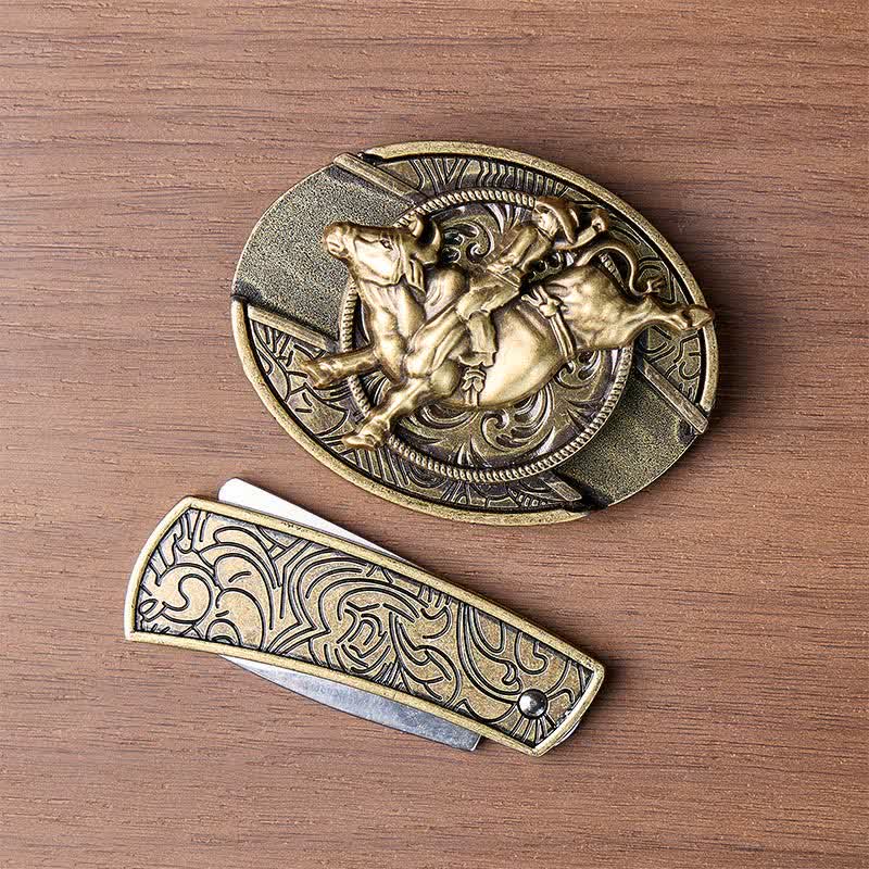 Cintura in pelle con fibbia a coltello pieghevole nascosto in bronzo antico, ideale per cavalieri di tori fai-da-te. - image 10