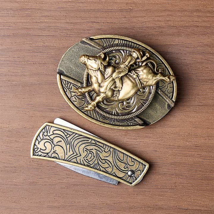 Cintura in pelle con fibbia a coltello pieghevole nascosto in bronzo antico, ideale per cavalieri di tori fai-da-te. - image 10