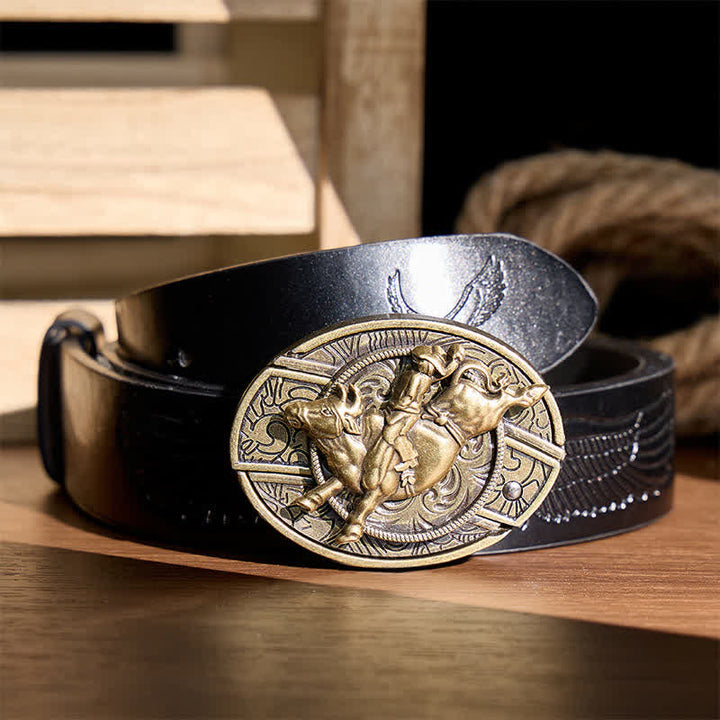 Cintura in pelle con fibbia a coltello pieghevole nascosto in bronzo antico, ideale per cavalieri di tori fai-da-te. - Cavaliere del toro - Cintura nera con aquila in rilievo - 42 - image 2