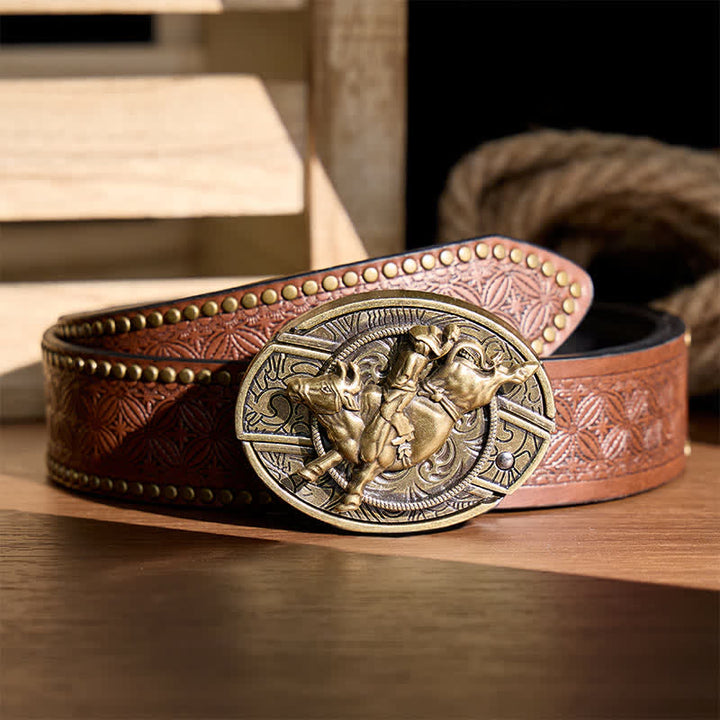 Cintura in pelle con fibbia a coltello pieghevole nascosto in bronzo antico, ideale per cavalieri di tori fai-da-te. - Cavaliere del toro - Cintura con rivetti marroni - 42 - image 4