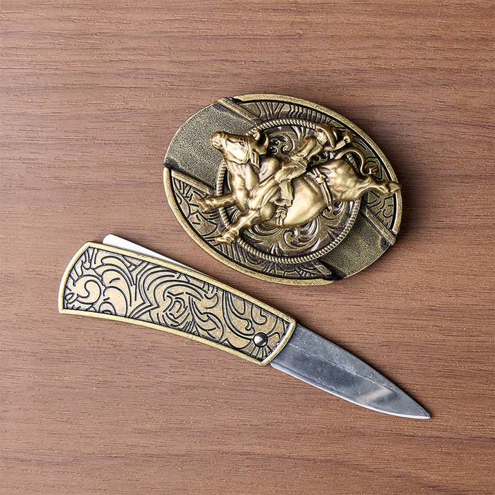 Cintura in pelle con fibbia a coltello pieghevole nascosto in bronzo antico, ideale per cavalieri di tori fai-da-te. - image 1