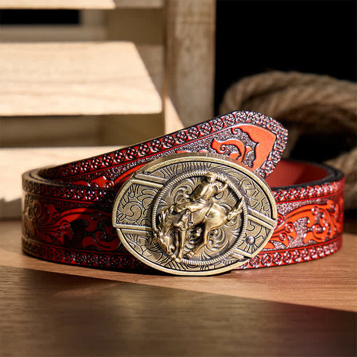 Cintura in pelle con fibbia in bronzo e coltello pieghevole nascosto, ideale per cowboy e cavalieri di rodeo western. - Cavaliere di rodeo bronco - Cintura intagliata marrone - 42 - image 6