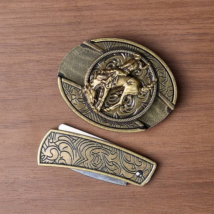 Cintura in pelle con fibbia in bronzo e coltello pieghevole nascosto, ideale per cowboy e cavalieri di rodeo western. - image 10