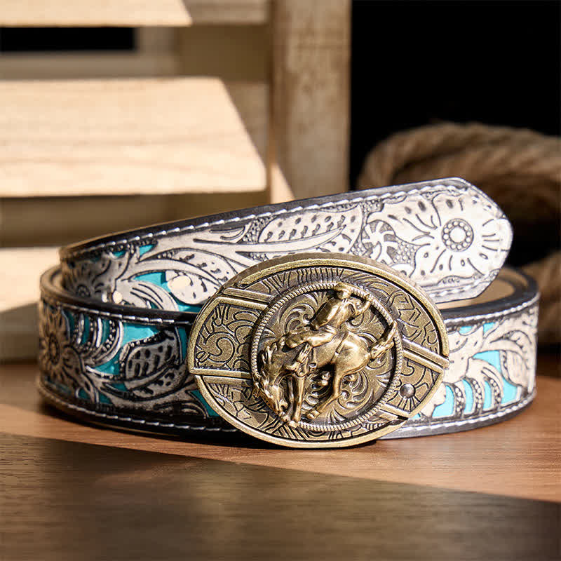 Cintura in pelle con fibbia in bronzo e coltello pieghevole nascosto, ideale per cowboy e cavalieri di rodeo western. - Cavaliere di rodeo bronco - Cintura grigia a fiori - 42 - image 8