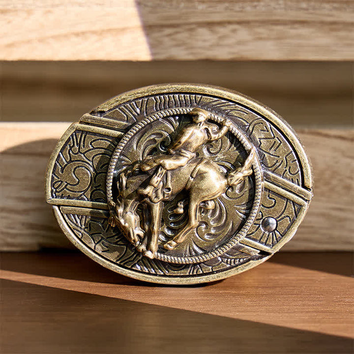 Cintura in pelle con fibbia in bronzo e coltello pieghevole nascosto, ideale per cowboy e cavalieri di rodeo western. - Cavaliere di rodeo bronco - Senza cintura - Cintura non inclusa - image 0