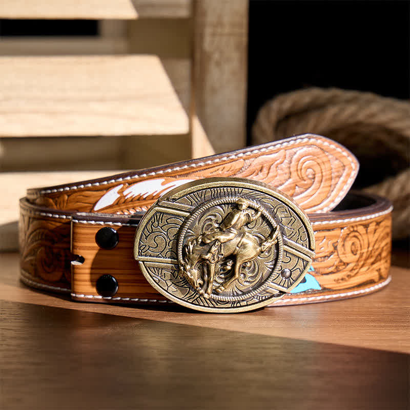 Cintura in pelle con fibbia in bronzo e coltello pieghevole nascosto, ideale per cowboy e cavalieri di rodeo western. - Cavaliere di rodeo bronco - Cintura di piume marroni - 40 - image 7