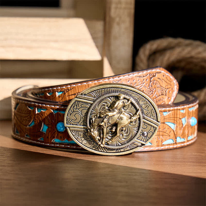Cintura in pelle con fibbia in bronzo e coltello pieghevole nascosto, ideale per cowboy e cavalieri di rodeo western. - Cavaliere di rodeo bronco - Cintura turchese intagliata - 42 - image 3