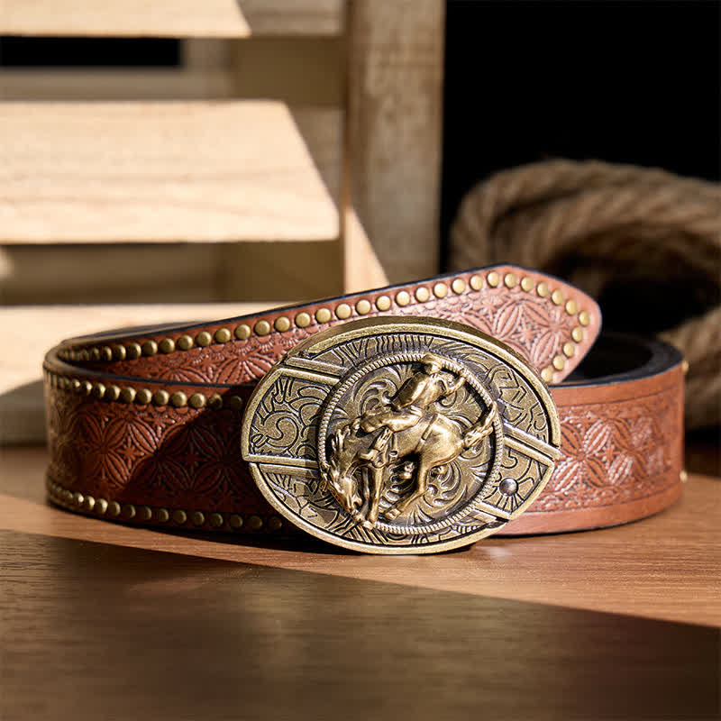 Cintura in pelle con fibbia in bronzo e coltello pieghevole nascosto, ideale per cowboy e cavalieri di rodeo western. - Cavaliere di rodeo bronco - Cintura con rivetti marroni - 42 - image 4