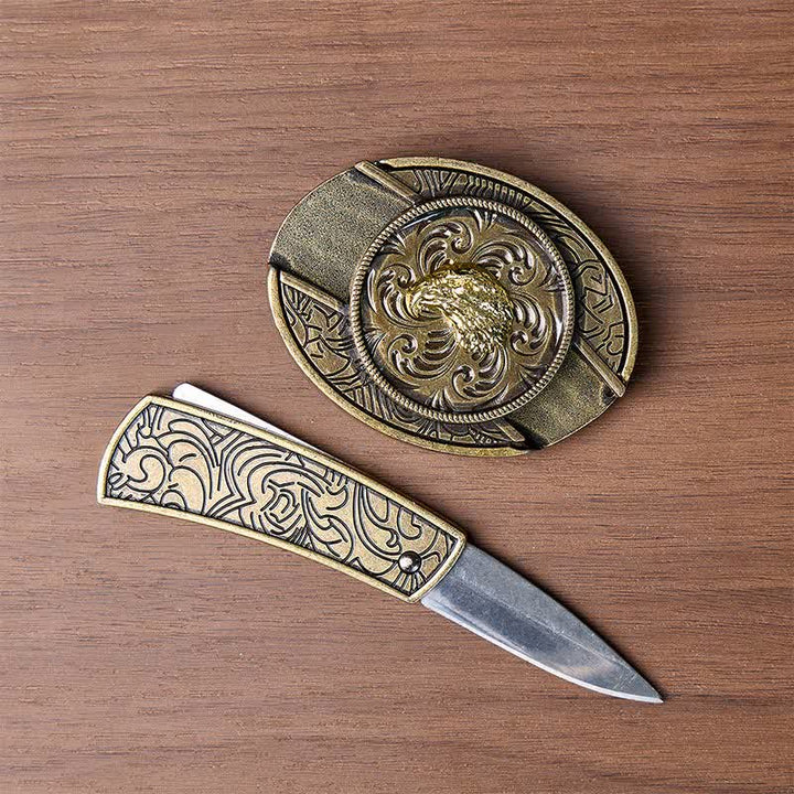 Coltello pieghevole nascosto fai-da-te con testa d'aquila dorata e fibbia in bronzo anticato per cintura in pelle - image 1