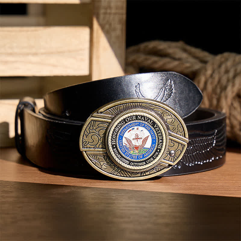 In onore dei nostri veterani della Marina: cintura in pelle con fibbia a coltello pieghevole a scomparsa fai-da-te - Onorare i veterani - Cintura nera con aquila in rilievo - 42 - image 2