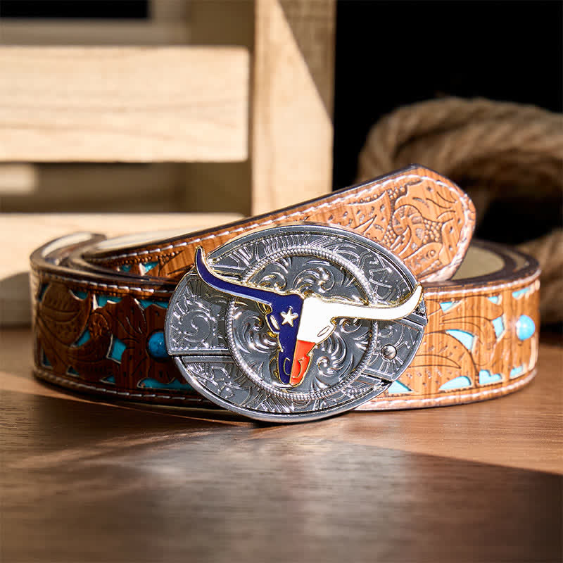 Cintura in pelle con fibbia a coltello pieghevole a scomparsa fai-da-te con bandiera dello stato del Texas e corna lunghe - Longhorn e bandiera - Cintura turchese intagliata - 42 - image 3