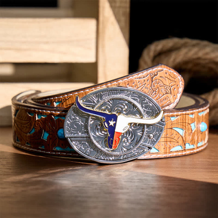 Cintura in pelle con fibbia a coltello pieghevole a scomparsa fai-da-te con bandiera dello stato del Texas e corna lunghe - Longhorn e bandiera - Cintura turchese intagliata - 42 - image 3