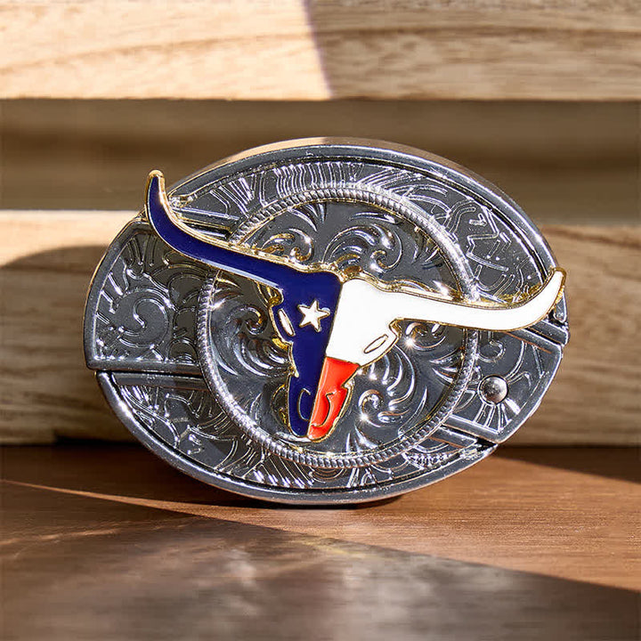 Cintura in pelle con fibbia a coltello pieghevole a scomparsa fai-da-te con bandiera dello stato del Texas e corna lunghe - Longhorn e bandiera - Senza cintura - Cintura non inclusa - image 0