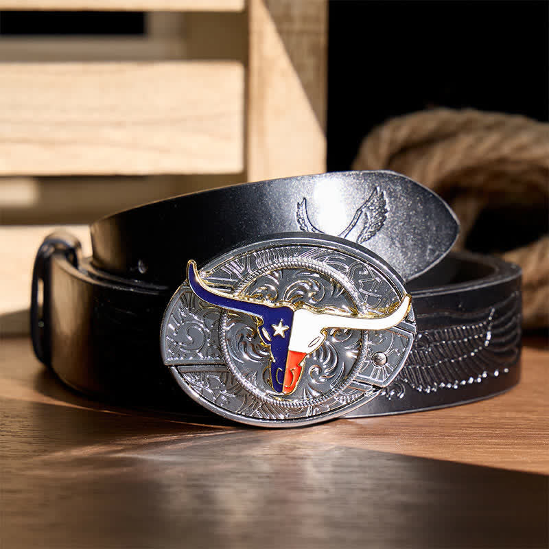 Cintura in pelle con fibbia a coltello pieghevole a scomparsa fai-da-te con bandiera dello stato del Texas e corna lunghe - Longhorn e bandiera - Cintura nera con aquila in rilievo - 42 - image 2