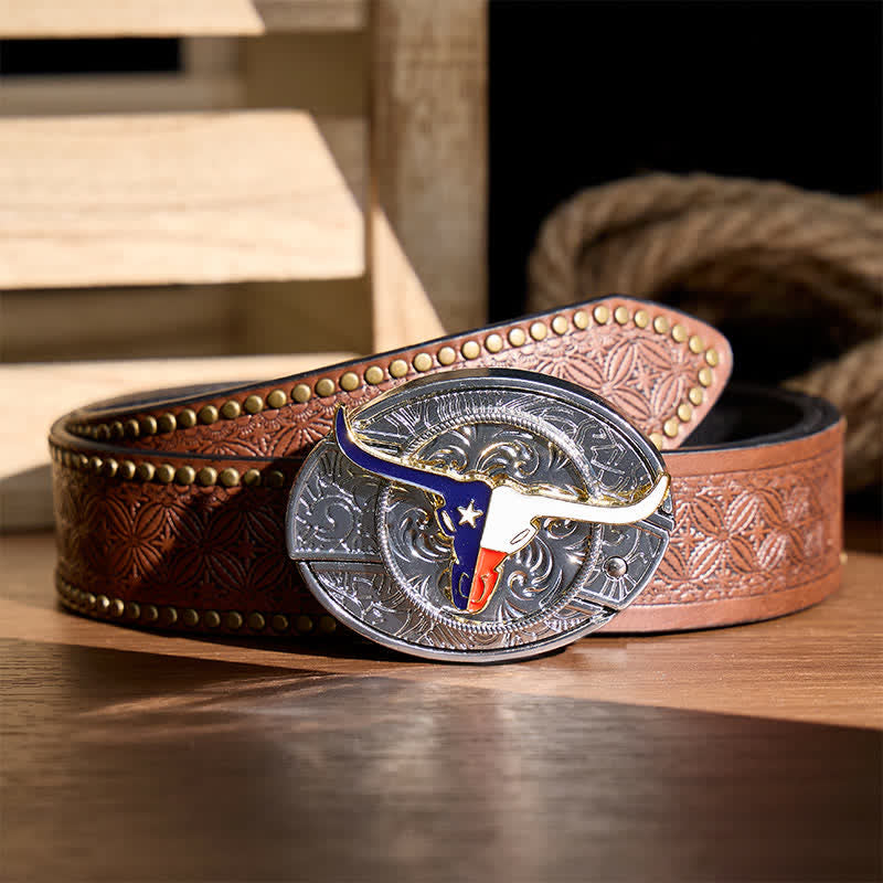 Cintura in pelle con fibbia a coltello pieghevole a scomparsa fai-da-te con bandiera dello stato del Texas e corna lunghe - Longhorn e bandiera - Cintura con rivetti marroni - 42 - image 4