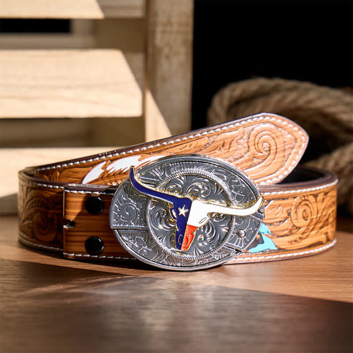Cintura in pelle con fibbia a coltello pieghevole a scomparsa fai-da-te con bandiera dello stato del Texas e corna lunghe - Longhorn e bandiera - Cintura di piume marroni - 40 - image 7