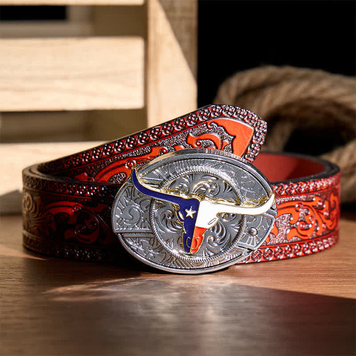 Cintura in pelle con fibbia a coltello pieghevole a scomparsa fai-da-te con bandiera dello stato del Texas e corna lunghe - Longhorn e bandiera - Cintura intagliata marrone - 42 - image 6