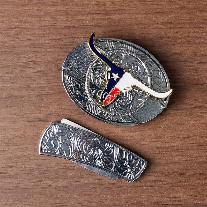 Cintura in pelle con fibbia a coltello pieghevole a scomparsa fai-da-te con bandiera dello stato del Texas e corna lunghe - image 9