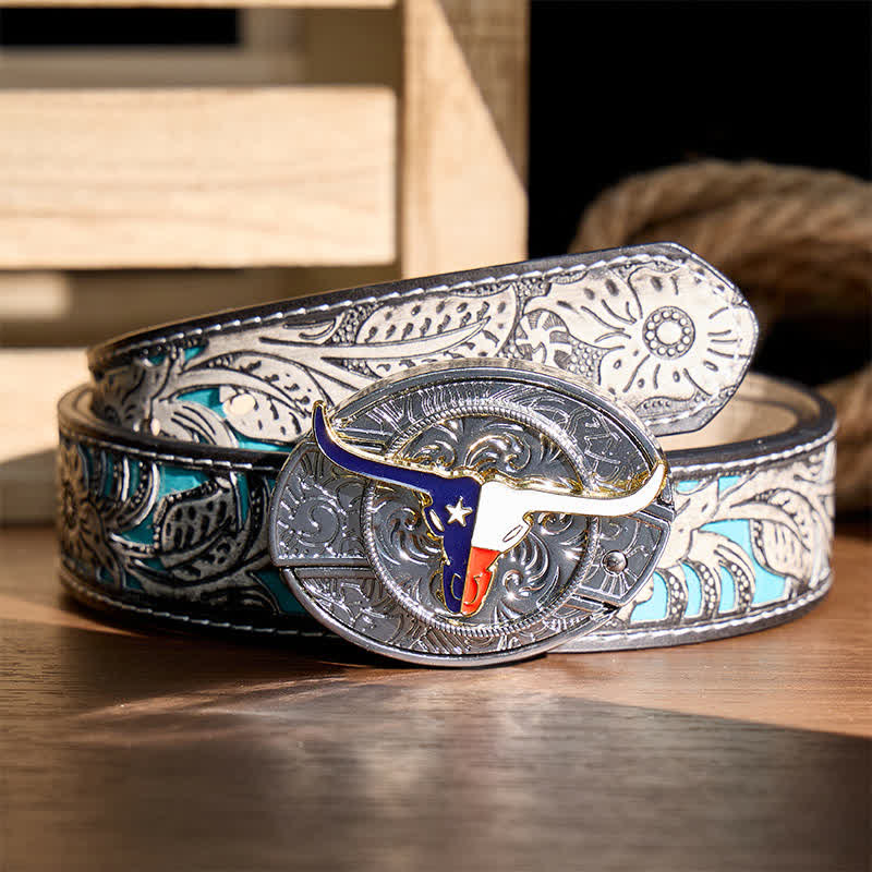 Cintura in pelle con fibbia a coltello pieghevole a scomparsa fai-da-te con bandiera dello stato del Texas e corna lunghe - Longhorn e bandiera - Cintura grigia a fiori - 42 - image 8