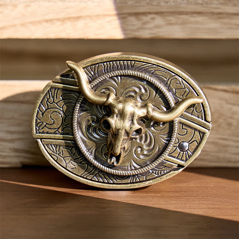 Cintura in pelle rustica West Longhorn con fibbia a coltello pieghevole nascosto fai-da-te. - Longhorn di bronzo - Senza cintura - Cintura non inclusa - image 0