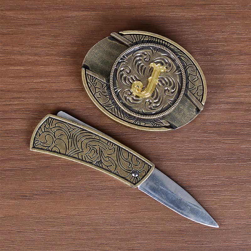 Cintura in pelle con fibbia a coltello nascosta e iniziale in bronzo antico fai-da-te - image 1