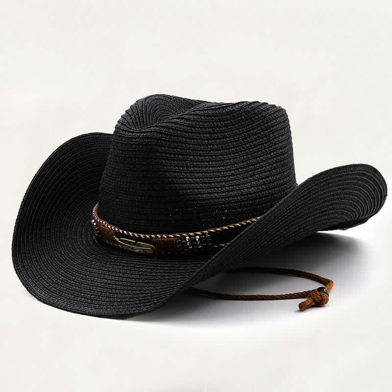 Cappello da cowboy rustico tribale in paglia con piuma e perline in metallo. - Nero - M (22"-22 7/8") - image 8