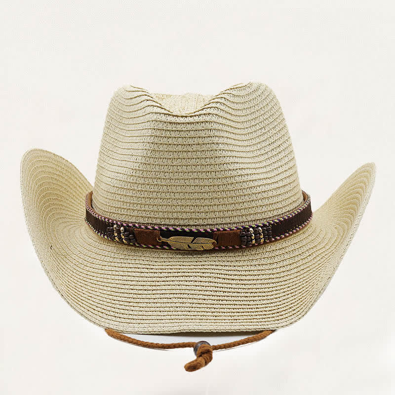 Cappello da cowboy rustico tribale in paglia con piuma e perline in metallo. - image 1