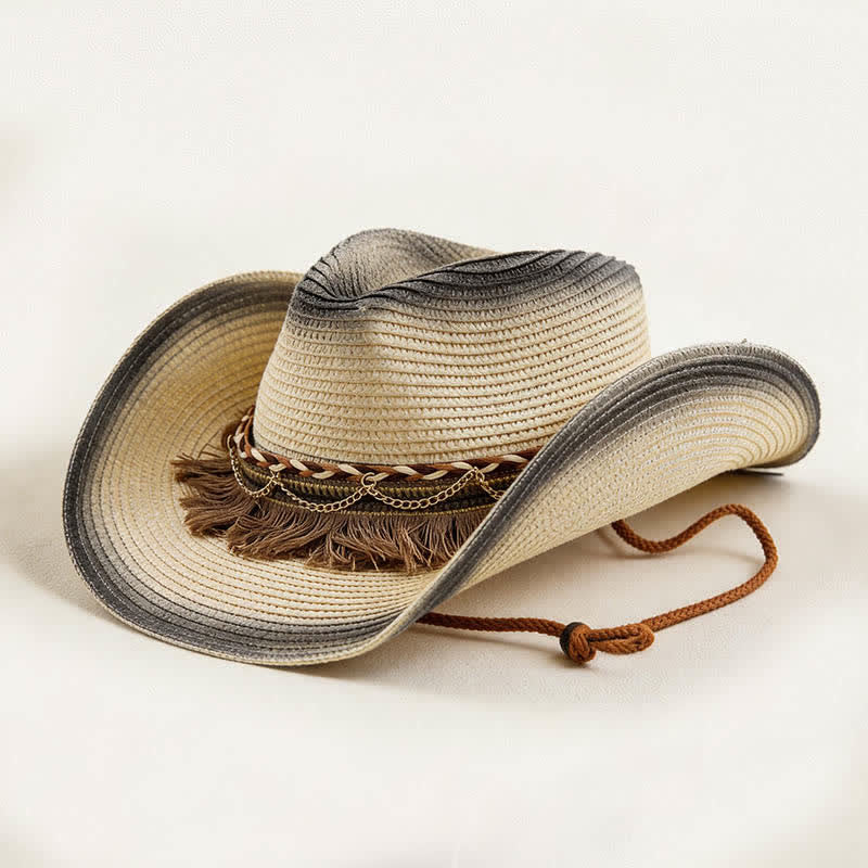 Cappello da cowboy in paglia stile retrò bohémien con frange e catena. - Avorio e nero - M (22"-22 7/8") - image 0