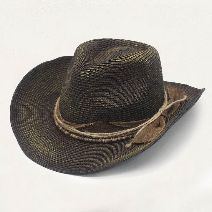Cappello da cowboy in paglia effetto invecchiato con fascia rustica e dettaglio vintage. - Nero - M (22"-22 7/8") - image 4