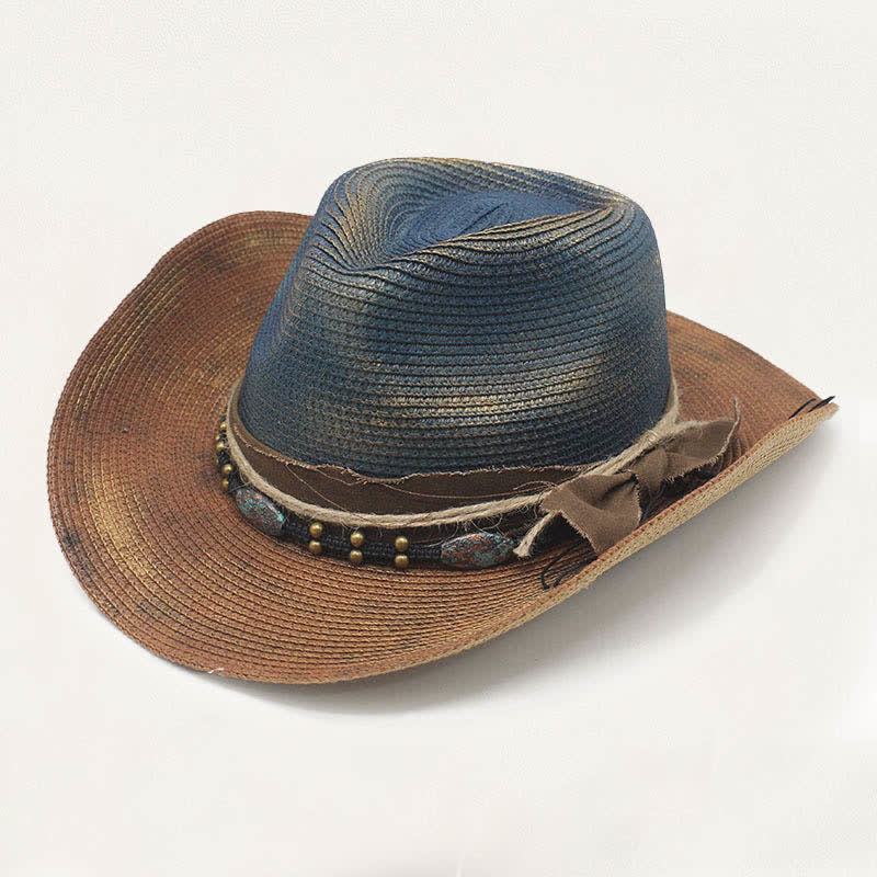 Cappello da cowboy in paglia effetto invecchiato con fascia rustica e dettaglio vintage. - Blu e kaki - M (22"-22 7/8") - image 0
