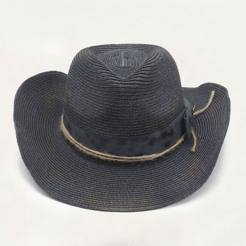 Cappello da cowboy in paglia effetto invecchiato con fascia rustica e dettaglio vintage. - image 1