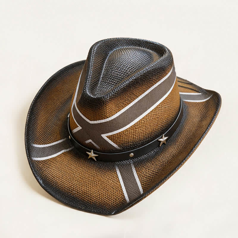 Cappello da cowboy in paglia con fascia decorata con stelle e motivo a croce western. - image 2