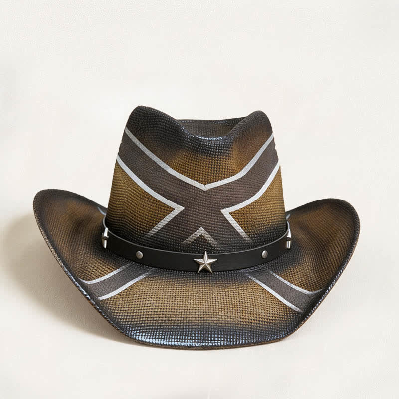 Cappello da cowboy in paglia con fascia decorata con stelle e motivo a croce western. - image 1