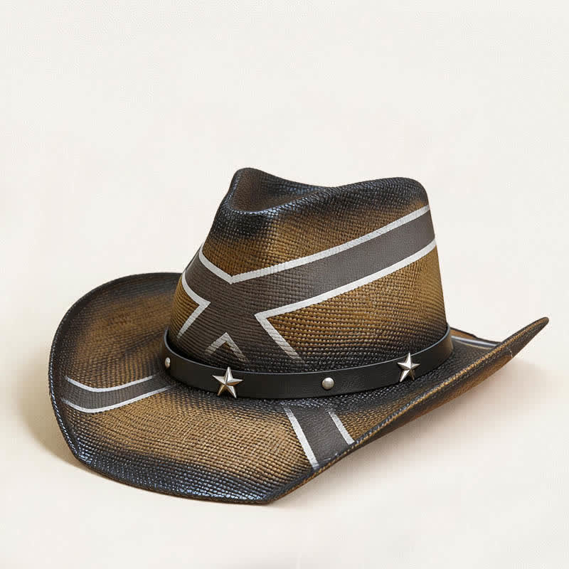 Cappello da cowboy in paglia con fascia decorata con stelle e motivo a croce western. - Cachi - L (23 1/4"-23 5/8") - image 0
