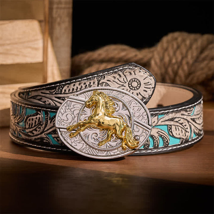 Cintura in pelle con fibbia a coltello pieghevole nascosto fai-da-te a forma di cavallo al galoppo in argento e oro. - Cavallo al galoppo - Cintura grigia a fiori - 42 - image 8