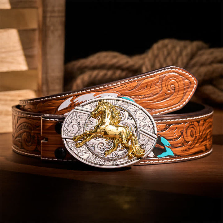 Cintura in pelle con fibbia a coltello pieghevole nascosto fai-da-te a forma di cavallo al galoppo in argento e oro. - Cavallo al galoppo - Cintura di piume marroni - 40 - image 7
