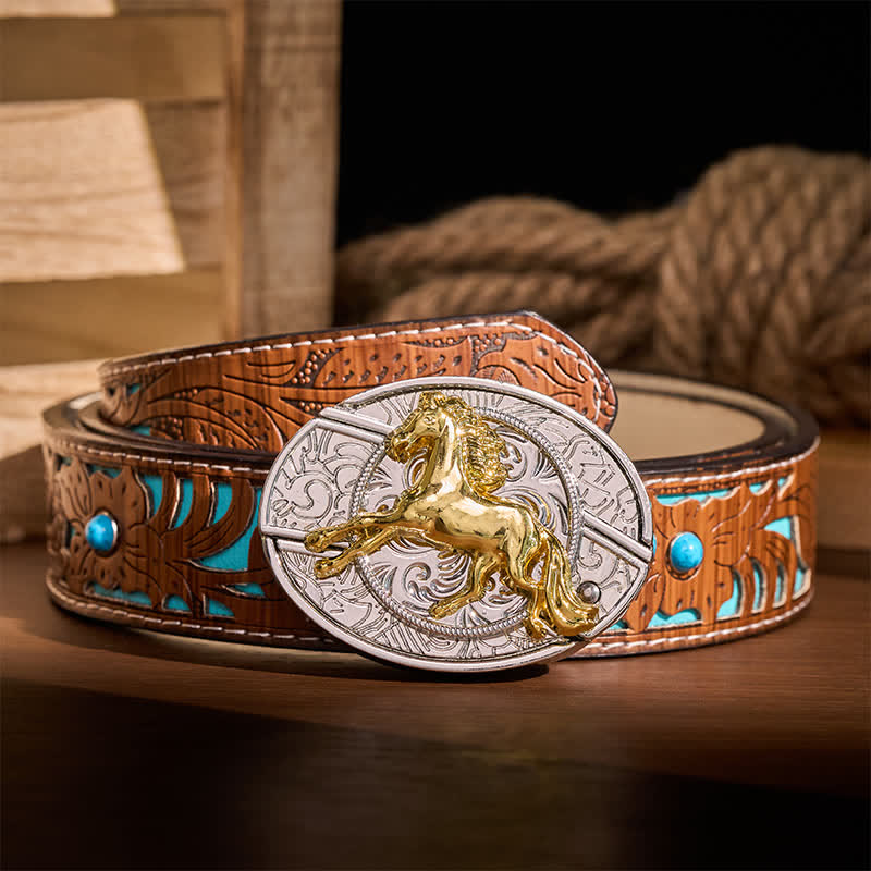 Cintura in pelle con fibbia a coltello pieghevole nascosto fai-da-te a forma di cavallo al galoppo in argento e oro. - Cavallo al galoppo - Cintura turchese intagliata - 42 - image 3