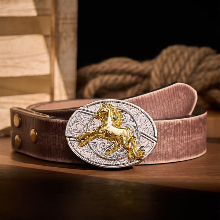 Cintura in pelle con fibbia a coltello pieghevole nascosto fai-da-te a forma di cavallo al galoppo in argento e oro. - Cavallo al galoppo - Cintura marrone effetto invecchiato - 42 - image 5