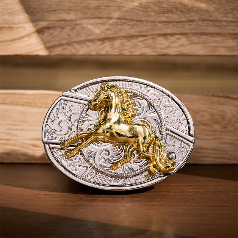 Cintura in pelle con fibbia a coltello pieghevole nascosto fai-da-te a forma di cavallo al galoppo in argento e oro. - Cavallo al galoppo - Senza cintura - Cintura non inclusa - image 0