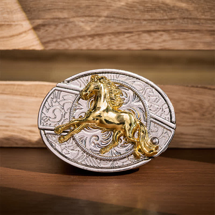 Cintura in pelle con fibbia a coltello pieghevole nascosto fai-da-te a forma di cavallo al galoppo in argento e oro. - Cavallo al galoppo - Senza cintura - Cintura non inclusa - image 0