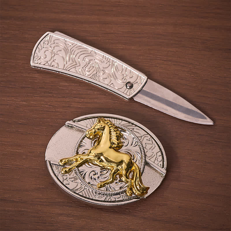 Cintura in pelle con fibbia a coltello pieghevole nascosto fai-da-te a forma di cavallo al galoppo in argento e oro. - image 1