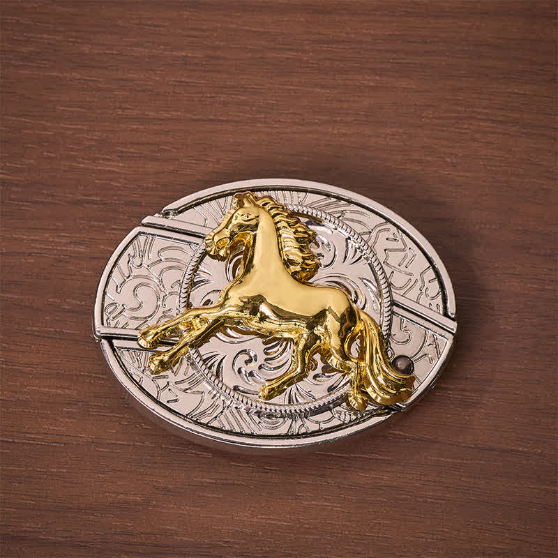 Cintura in pelle con fibbia a coltello pieghevole nascosto fai-da-te a forma di cavallo al galoppo in argento e oro. - image 9