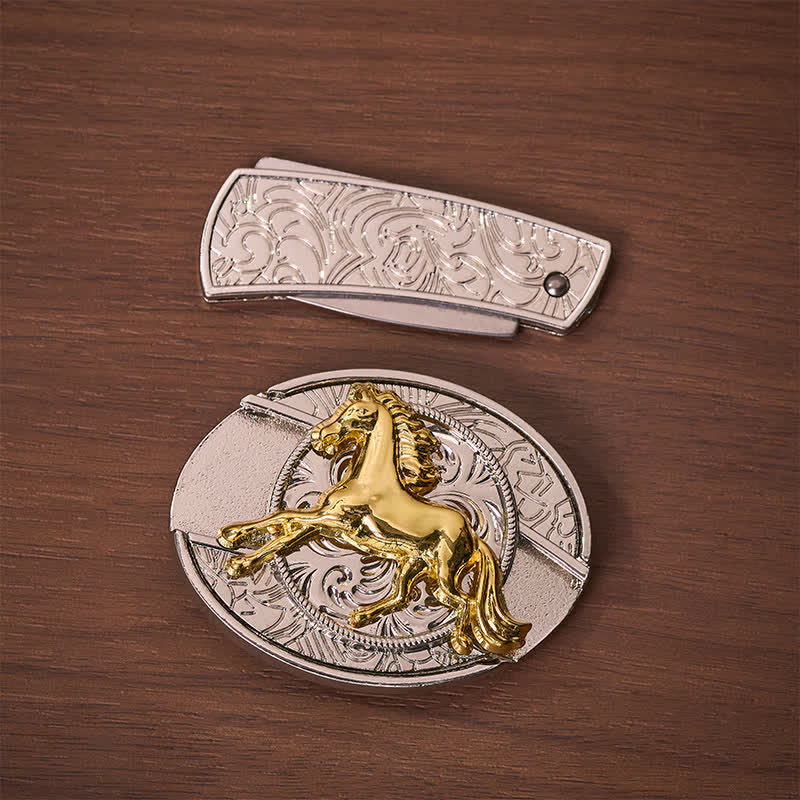 Cintura in pelle con fibbia a coltello pieghevole nascosto fai-da-te a forma di cavallo al galoppo in argento e oro. - image 10