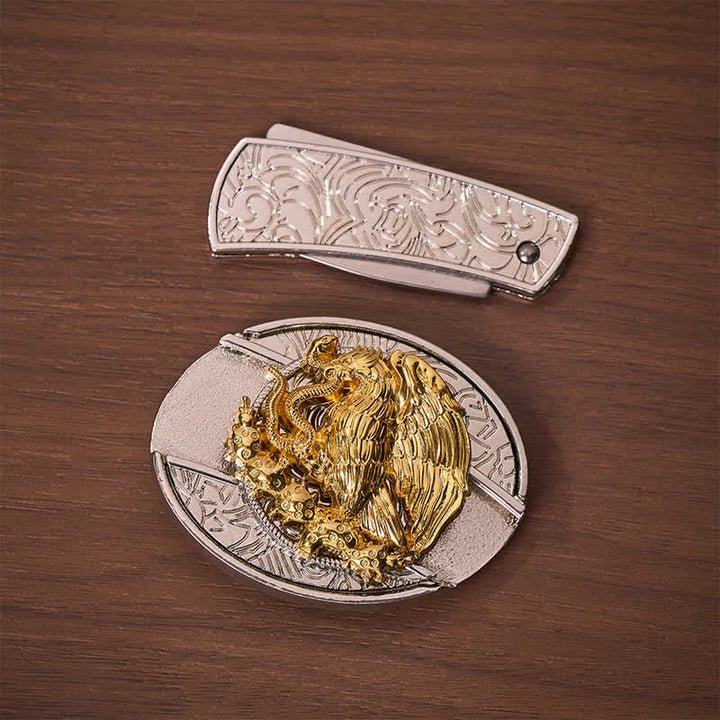 Coltello pieghevole nascosto fai-da-te Gold Eagle Serpent con fibbia argentata e cintura in pelle - image 10
